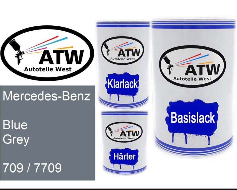 Mercedes-Benz, Blue Grey, 709 / 7709: 500ml Lackdose + 500ml Klarlack + 250ml Härter - Set, von ATW Autoteile West.